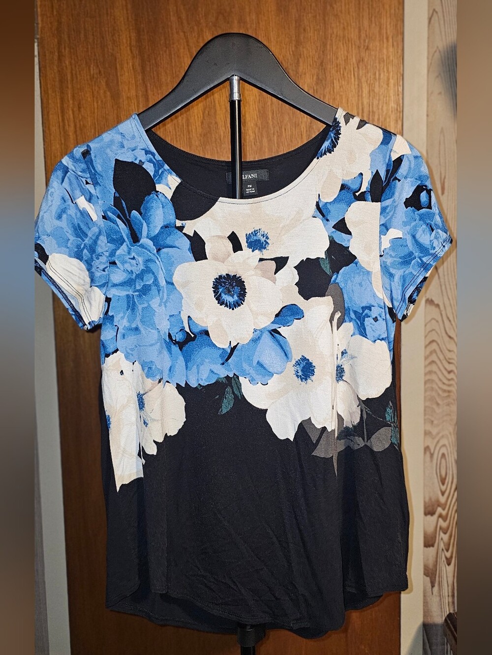 Alfani Black Floral Short Sleeve Tee with Blue and Cream Blooms